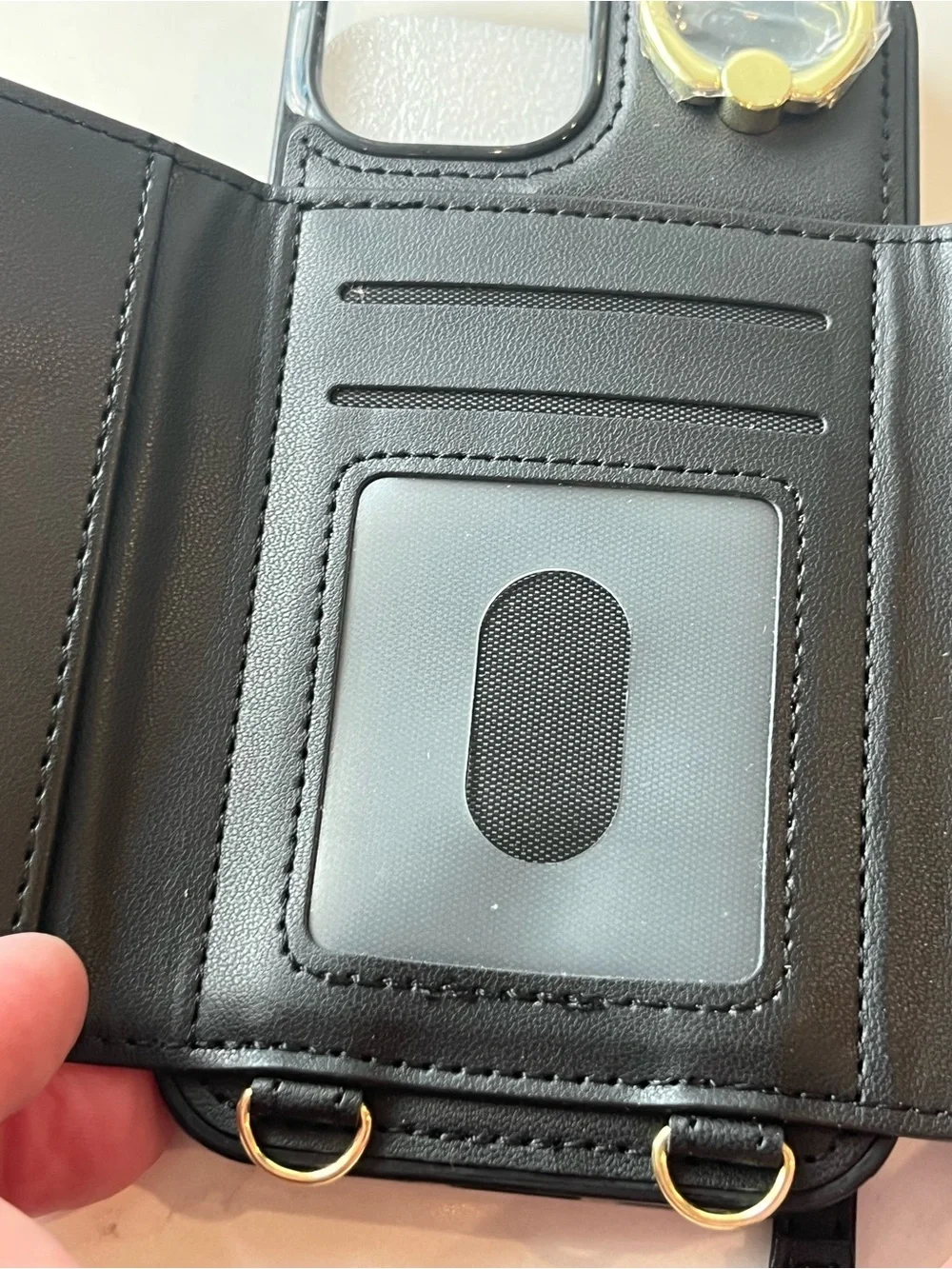 Black Phone Wallet Case with Gold Hardware and Ring Holder